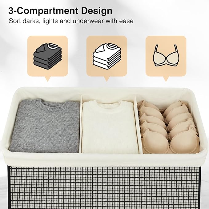 STO STO Laundry Hamper 3 Section with Lid, 180L Large 3 Section Laundry Sorter, Laundry Basket with Removable Washable Liner Bag, Breathable Clothes Hamper for Bedroom Bathroom Laundry Room Closet