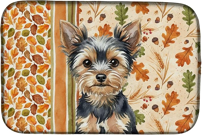 Caroline's Treasures Black and Tan Yorkshire Terrier Heirloom Fall Dish Drying Mat Absorbent Dish Drying Mat Pad for Kitchen Counter Dish Drainer Mat for Countertop, 14 x 21", Multicolor