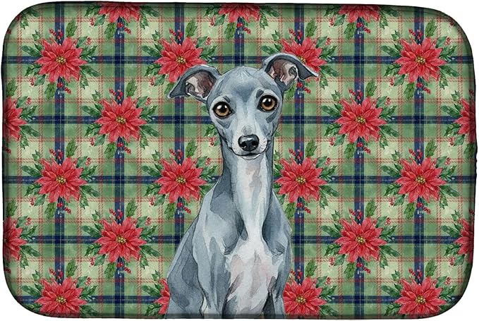 Caroline's Treasures Blue Italian Greyhound Christmas PoinsettIas Dish Drying Mat Absorbent Dish Drying Mat Pad for Kitchen Counter Dish Drainer Mat for Countertop, 14 x 21", Multicolor