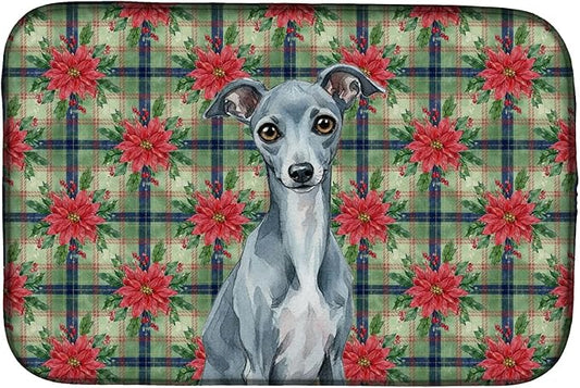 Caroline's Treasures Blue Italian Greyhound Christmas PoinsettIas Dish Drying Mat Absorbent Dish Drying Mat Pad for Kitchen Counter Dish Drainer Mat for Countertop, 14 x 21", Multicolor