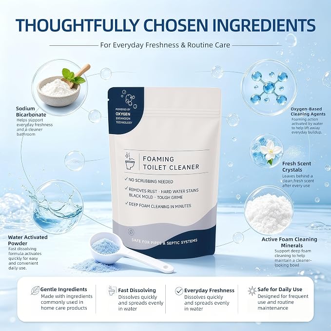 Restorabowl Toilet Cleaner, Foaming Powder, Stain Remover, No Scrub,2 Bags | Fast Dissolving,Fresh Scent,Quick-foaming,Porcelain scratch protection,Suitable for all types of toilets and toilet tanks
