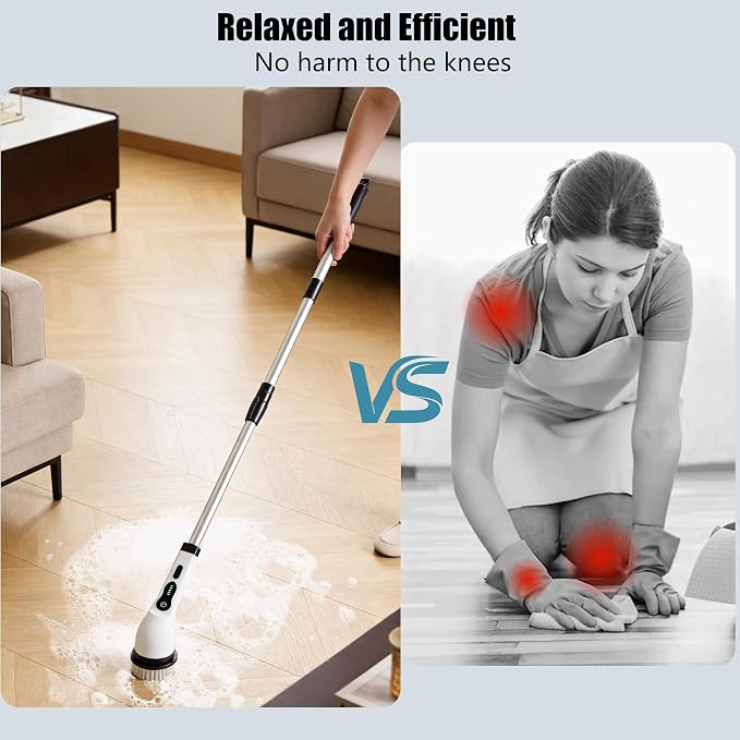 Electric Spin Scrubber Shower Cleaner Brush Cordless Power Cleaning 8 Brush Heads Extendable Handle 3 Adjustable 2 Speeds IPX7 Waterproof for Bathroom Kitchen