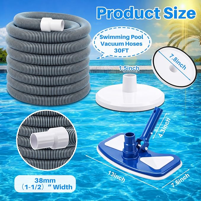 3 Pcs Pool Cleaning Kit 11.8" Vacuum Head with Flexible Wheels, 1-1/2 x 18ft Hoses and Skim Vacuum Plate Pool Maintenance Cleaning Accessory Tool for Fast, Easy Debris Removal