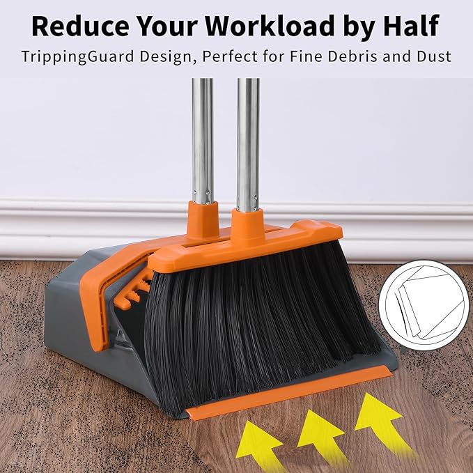 Tiumso Broom and Dustpan Set with 51'' Long Handle, Upright Broom and Dustpan Combo for Home Kitchen Office Restaurant Garage Lobby Dog Cat Pets Hair - Grey and Orange