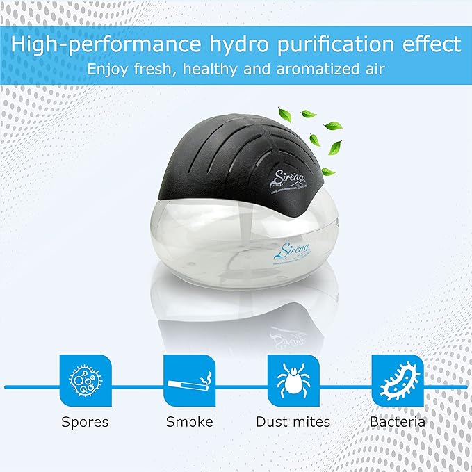 Sirena Twister Air Purifier (Black) - Water Filter Air Washer For Home and Office - Essential Oil Aroma Diffuser With LED Night light - Small Air Cleaner For Smoke and Pets