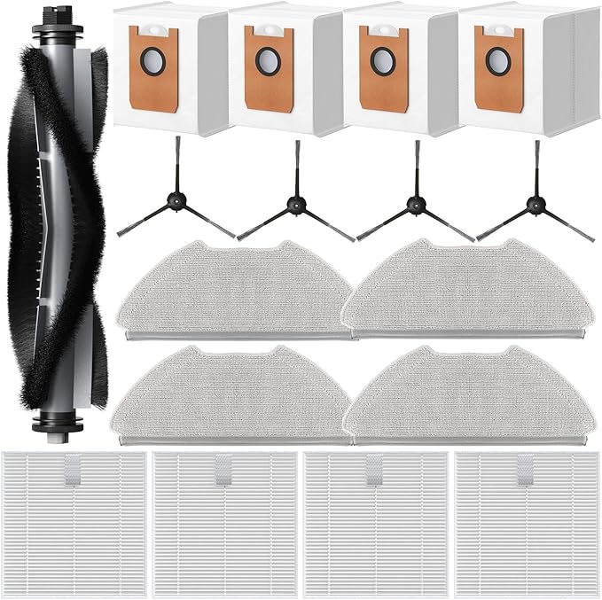T20+ Accessories Replacement Parts for Airrobo T20+ /T25+/T30+/T25+C and for FIXR T20 Robotic Vacuum Cleaner, 1 Roller Brush, 4 Mop Pads, 4 Hepa Filters, 4 Dust Bags, 4 Side Brushes, 17 Pack