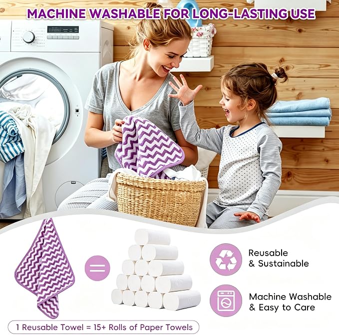 Microfiber Cleaning Cloth 6 Pack, Ultra Soft Absorbent Lint Free Reusable Kitchen Towels with Hanging Loop, 12x12 Inch Purple Dish Towels for Kitchen, Car & Household