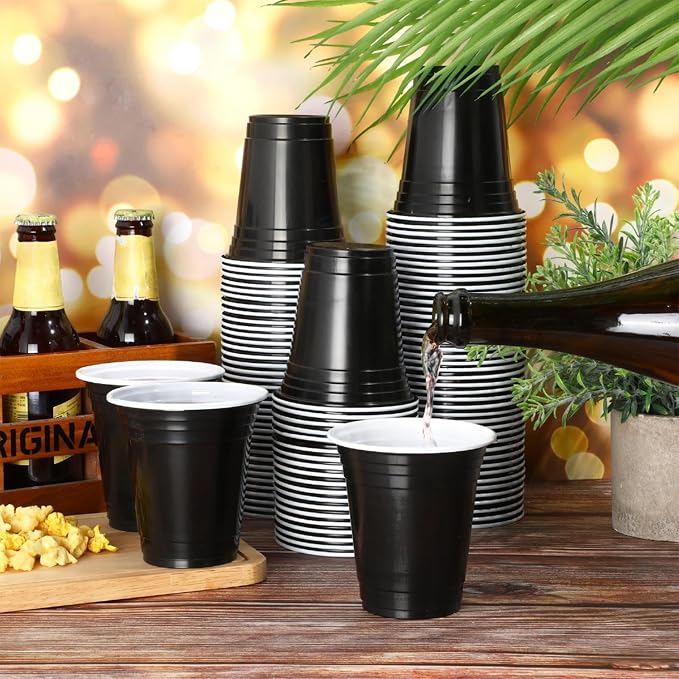 Sabary 100 Pack 12oz Plastic Cups Black Graduation Heavy Duty Drinking Disposable Cups with Lines for Beverage Holiday Camping Barbecues Birthday Party Summer Outdoor Picnic(Black and White)