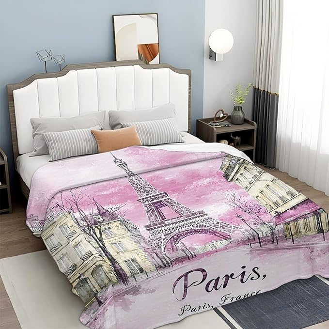 Tijuboni Paris Eiffel Tower Throw Blanket Pink Paris Gifts for Girls Women Boys Men Adults Kids Soft Flannel Fleece Blanket for Couch Sofa Bed Home Decor 50"x60"
