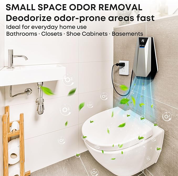 Cat Litter Deodorizer, Ozone Odor Eliminator & Air Ionizers, 99% Litter Box Deodorizer, Air Purifier Plug in for Dog Poop Odor Removal, for Toilet, Wardrobe, Shoe Closet, Garage, Room, Silver