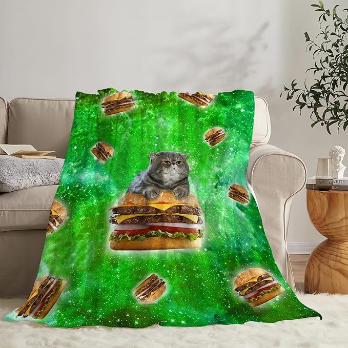 Tijuboni Hamburger Cat Throw Blanket Funny Cat Gifts for Girls Boys Women Men Kids Adults Soft Flannel Fleece Blanket for Couch Sofa Bed Home Decor 40"x50"
