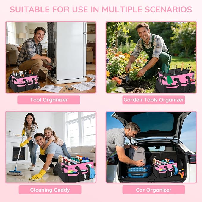 ZKOO Large Cleaning Caddy Bag with Handle, Portable Cleaning Supply Organizer Tote with Sturdy Support Board Adjustable Shoulder Strap, Multi-Compartment Storage for Housekeepers, Maids Cleaners, Pink