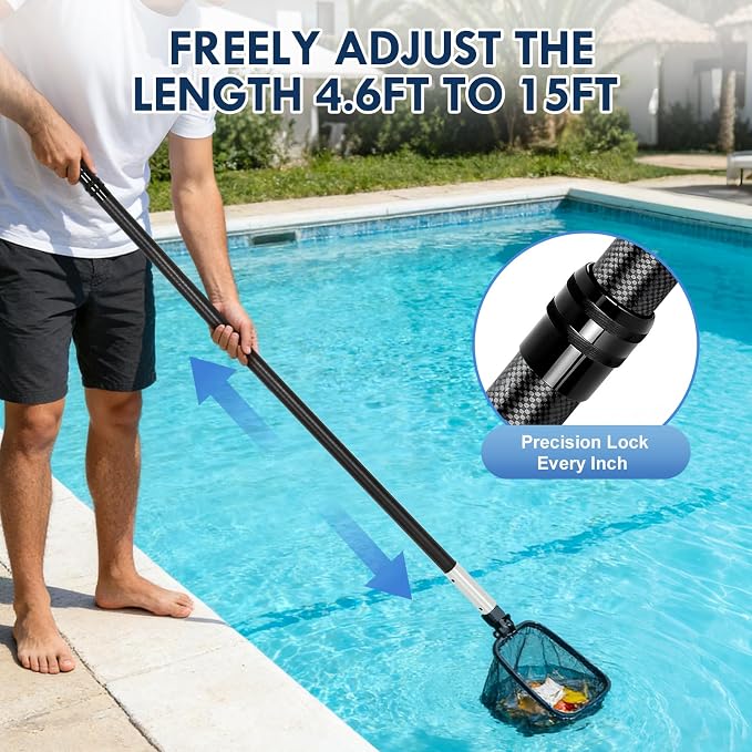 New Carbon Fiber Pool Pole Telescopic, 4.6-15 FT Lightweight Adjustable Extension Poole Pole, Professional Telescoping Swimming Pool Cleaning Poles, for Brushes, Vacuum, Nets, Skimmers