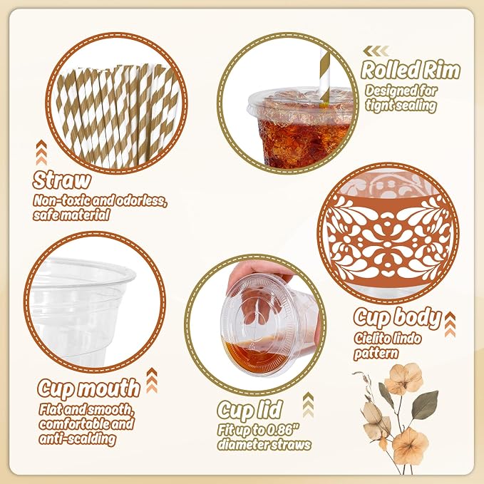 JarThenaAMCS 50Pcs Cielito Lindo Disposable Plastic Cups with Lids and Straws Terracotta Flower Clay Cold Beverage Drinking Cups for Cinco De Mayo Mexican Talavera Wedding Party Supplies