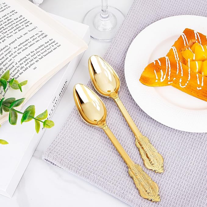 WDF 100 Piece Gold Plastic Spoons Disposable - 6.93 Inch Baroque Gold Spoons Plastic Silverware for Dessert Cake - Heavy Duty for Party Wedding Daily Using Baby Shower Spring