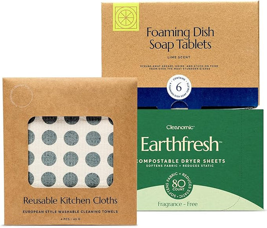 CLEANOMIC Reusable Kitchen Cloth, Foaming Dish Soap Tablets & Tablet Tin Bundle