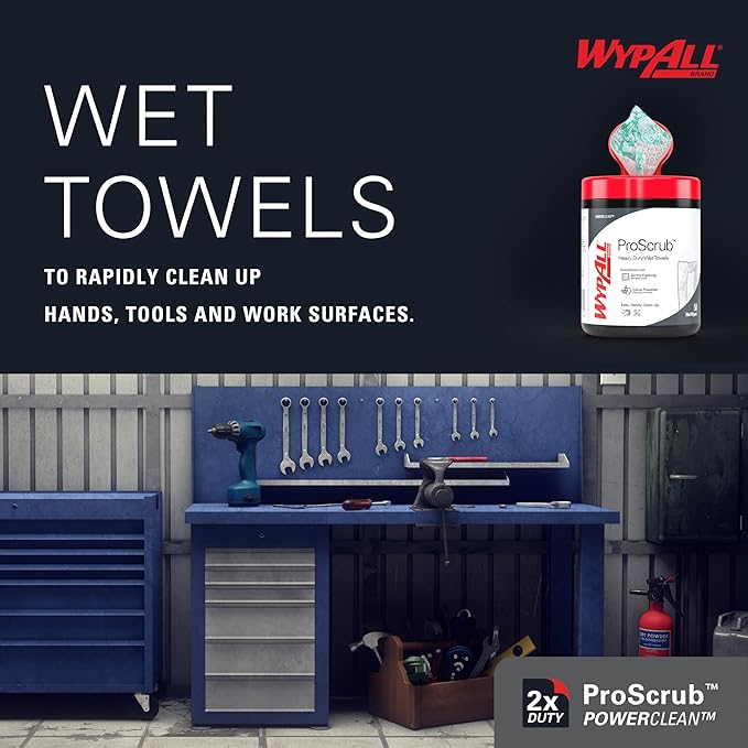 WypAll PowerClean ProScrub Heavy Duty Wet Towels (58310), Dual Action Cleaning, Large 9.5" x 12" Wipes, Canister Included (8 Canisters of 50 Sheets, 400 Sheet Total)