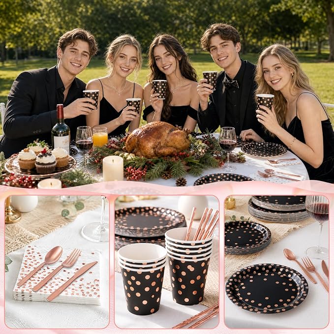 200PCS Black and Rose Gold Paper Plates Party Supplies Severs 25 Guests Disposable Paper Plates Set, 7’’&9’’ Paper Plates Cups Napkins Forks Set for Birthday, Mothers Day, Baby Shower Wedding