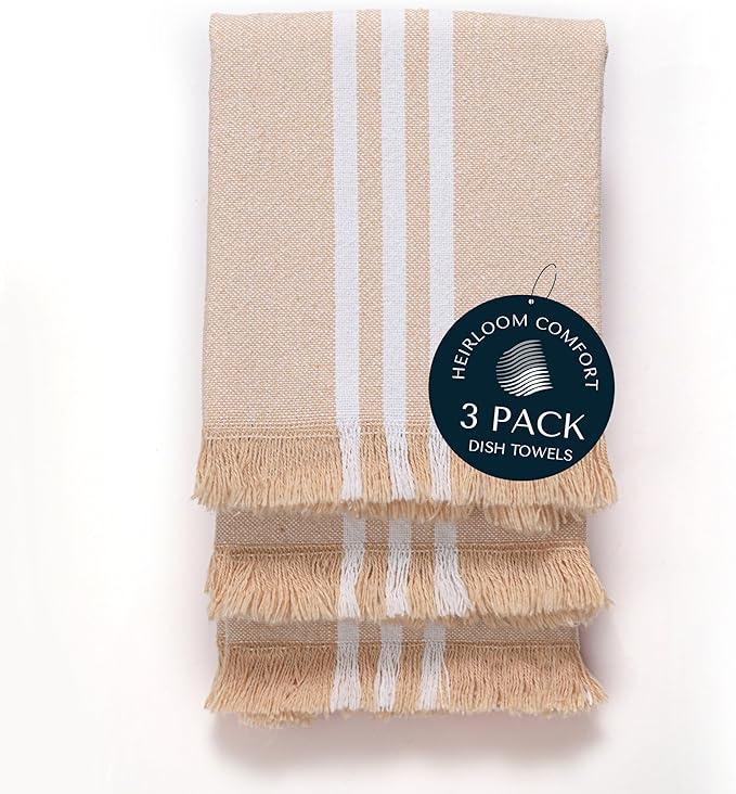 Monochrome Stripe Kitchen Towels 3 Pack, 16x26 Inch, 100% Cotton, Super Absorbent & Quick Dry, Durable, Fringed Dish Towel for Drying Dishes, Machine Washable, Everyday Use, Beige