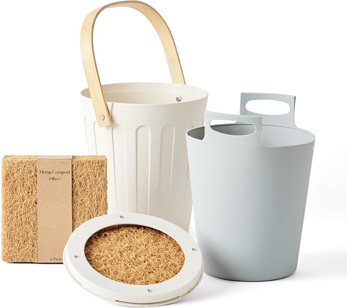 Martha Stewart Indoor Compost Bin Starter Bundle | Countertop Composting Bucket for Kitchen | .7 Gallon Capacity | Includes 6 Filters and Silicone Liner Bag | Plant Based Materials | Linen White