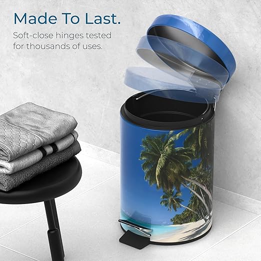 Sanilo Small Bathroom Trash Can with Lid [1.3 Gallon] - Lidded Tiny Trashcan for Garbage - Mini Metal Bin with Soft Closing Mechanism - Bath Room Accessoire Wastebin with Inner Bucket (Caribbean)