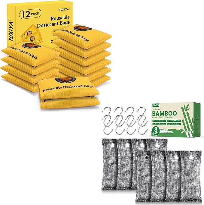 TUXIYA 8Pack Activated Charcoal Odor Absorber/ 12Pack(100g Each) Rechargeable Silica Gel Desiccant Packets