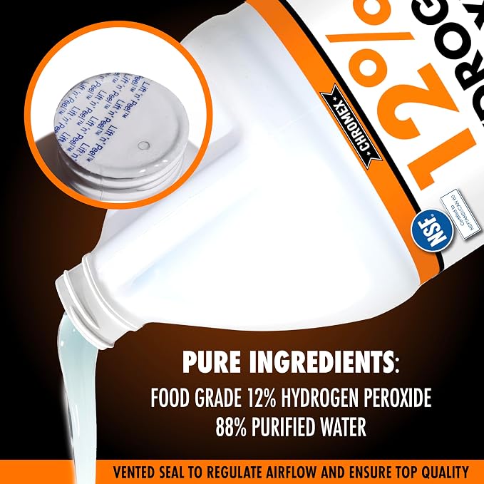 Chromex Hydrogen Peroxide 12 Percent Food Grade, 4X Power Concentrated Solution, Dilutes to 4 Gallons, Versatile Uses Include Topical Care, Home, Kitchen, Bath Cleaner, NSF Certified, 1 Gallon