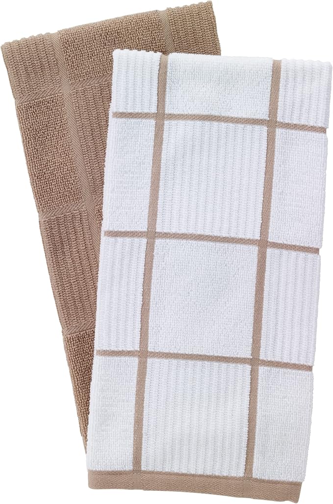 T-Fal Solid & Checked Parquet Kitchen Towels: Highly Absorbent, Super Soft Long Lasting - 100% Cotton, 16"x26" Dish Towels for Cleaning & Drying Dishes, Pans, Glassware, Countertops, 2-Pack, Sand