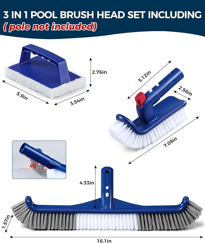 3-in-1 Full-Coverage Pool Brush Head Set - Includes 17.5" Long Brush, Rotatable Handheld/Extension Pole Brush, Sponge Brush, Durable Scrubber Brush Set for Pool Floors/Corners/Steps