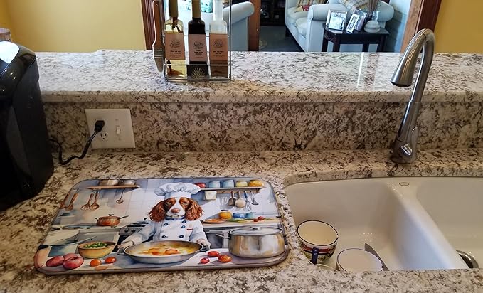 Caroline's Treasures DAC6337DDM Welsh Springer Spaniel The Chef Dish Drying Mat Absorbent Dish Drying Mat Pad for Kitchen Counter Dish Drainer Mat for Countertop, 14 x 21", Multicolor