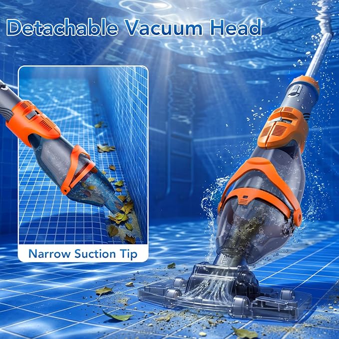 (2026 Upgraded) COWSAR Cordless Pool Vacuum, 19.5 GPM/50kPa Dual Modes Powerful Suction, 13.4" Wider Head & 70.9" Telescopic Pole, 1H Runtime