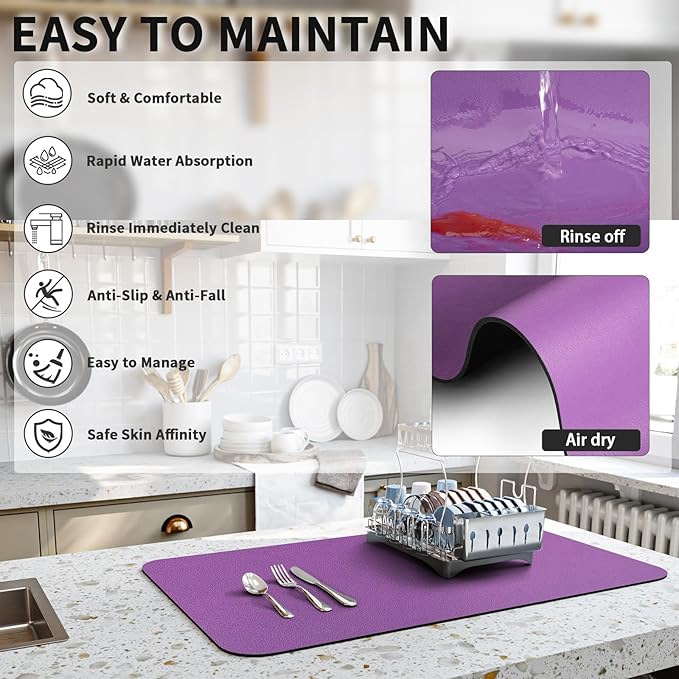 HotLive Dish Drying Mat for Kitchen Counter, Heat Resistant Drainer Mats with Non-slip Rubber Backed, Hide Stain Kitchen Super Absorbent Draining Mat, Easy to Clean Dish Rack Pad, Purple 18"x32"