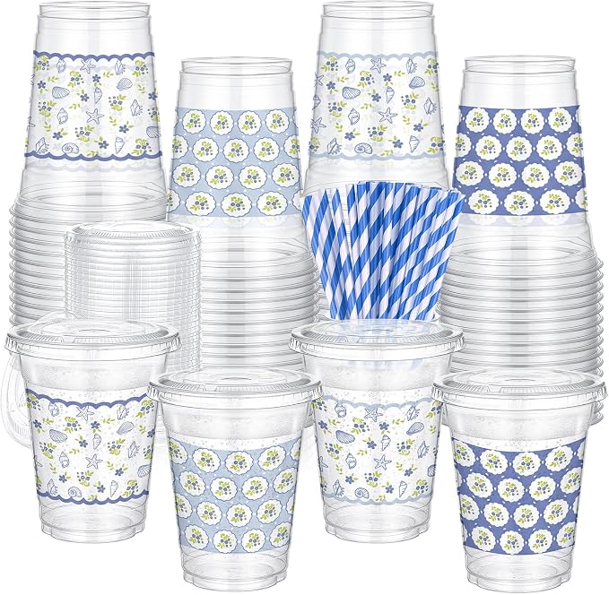 FoldTier 60 Pcs Coastal Cottage Blue Floral Cups with Lids and Straws, 12 oz Disposable Plastic Beach Party Cups for Ocean Summer Party Favor, Bridal Shower, Baby Shower, Bacheloretteparty Decoration