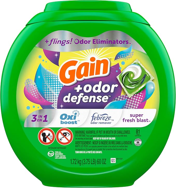 Gain Flings Laundry Detergent Pacs with Odor Defense, HE Compatible, 3in1 with Febreze and Oxi, Super Fresh Blast Scent, 81 Count