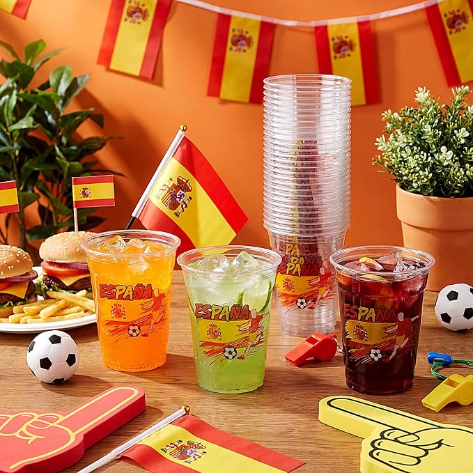 Jingmore 50 Pcs Soccer Plastic Cups 12 oz International Countries Soccer Disposable Plastic Cups Thick Clear Drinkware for Sports Games Party Supplies (Espana)