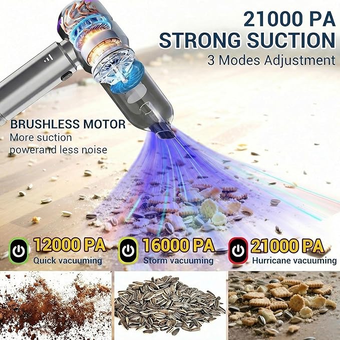 Car Vacuum Cordless, Mini Handheld Vacuum Cleaner 21000Pa, <1 lb Ultra Lightweight, 2-in-1 Vacuum & Blower, USB-C Fast Charging, for Car Pet Hair Dirt Crumbs - Washable Filter