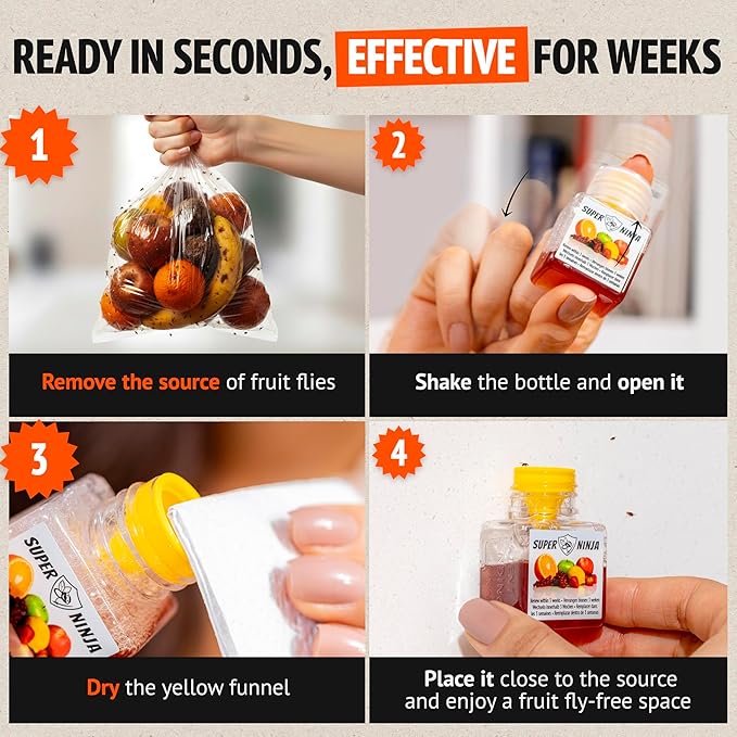 Super Ninja Fruit Fly Traps for Indoors - 12 Pack, Highly Effective Fruit Fly Catcher for Indoor Use for Home & Kitchen, Up to 3 Weeks of Performance per Bottle, Kid & Pet Friendly