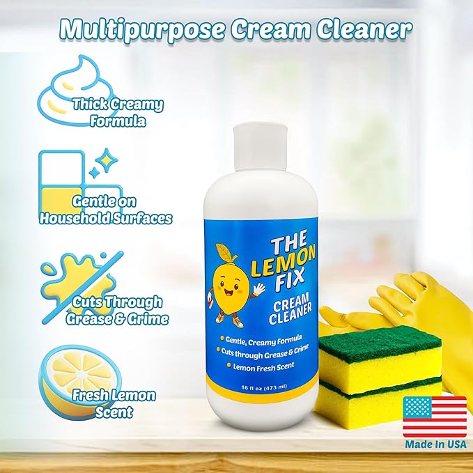 Cream Cleaner and Lemon All Purpose Cleaner for Kitchen, Bathroom, Shower, Tile & Oven, Cuts Grease & Grime, Gentle Formula Multipurpose Cleaner, The Lemon Fix, Made in USA, 16oz Bottle, Single
