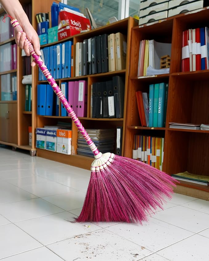 Asian Broom,Natural Grass Thai Broom Vintage Retro Embroidered Woven Nylon, Handmade Broom, Housewarming Gift, Witch Broom,Bamboo Stick Handle, Durable Broom for Indoor & Outdoor 40"