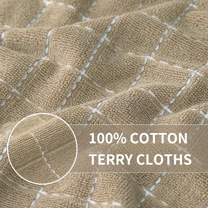 Homaxy Kitchen Towels and Dishcloths Set, 12 x 12 and 13 x 28 Inches, Set of 8 Bulk Cotton Terry Kitchen Towels Set, Checkered Designed, Soft and Super Absorbent Dish Towels, Tan