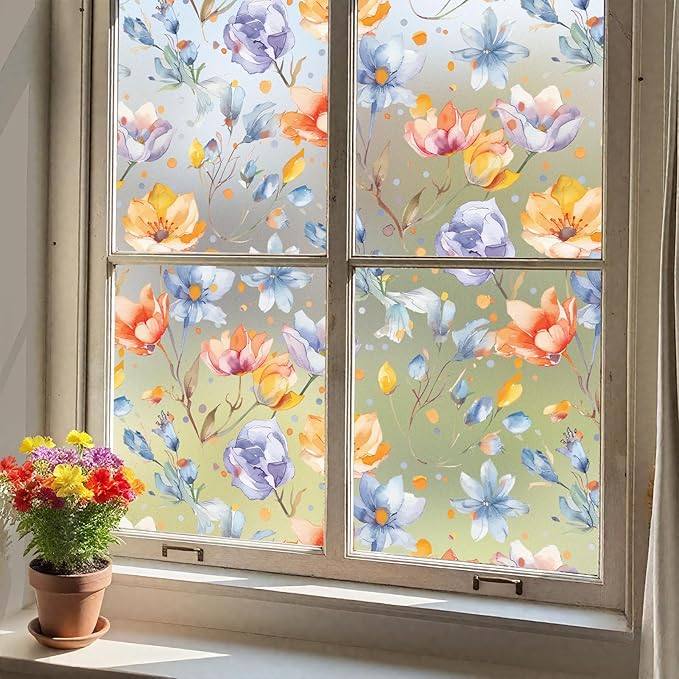 DKTIE Retro Floral Pattern Stained Glass Window Film Two-Way Privacy Day and Night Decorative Window Film Static Cling UV2 Print Technology (S647, 17.7in X 78.7in)