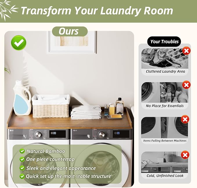 Washer Dryer Countertop, 54" x 27.5" Bamboo Countertop for Laundry Room, Washer and Dryer Topper with Edge Rails, Waterproof & Easy to Clean Laundry Organization Shelf, Natural