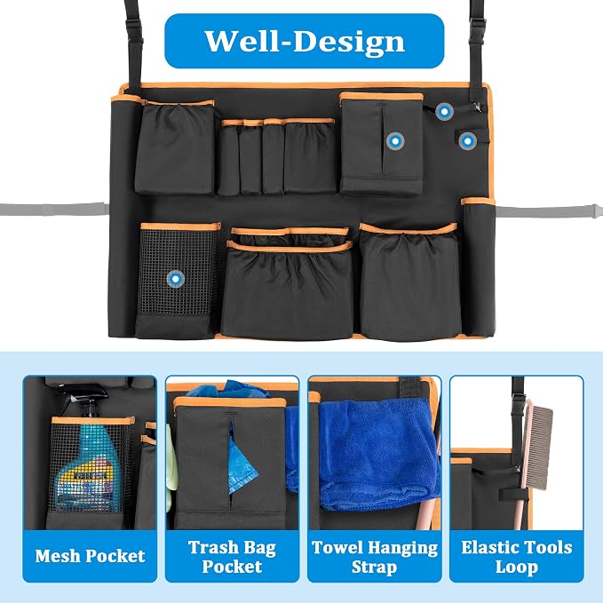 HODRANT Trash Can Caddy Bag Fit 32-55 Gallon Garbage Bin, Cleaning Caddy Bag with Adjustable Buckle for Industrial Trash Can, 13 Pockets Cleaning Tool Organizer for Cleaning Supplies, Orange Edge