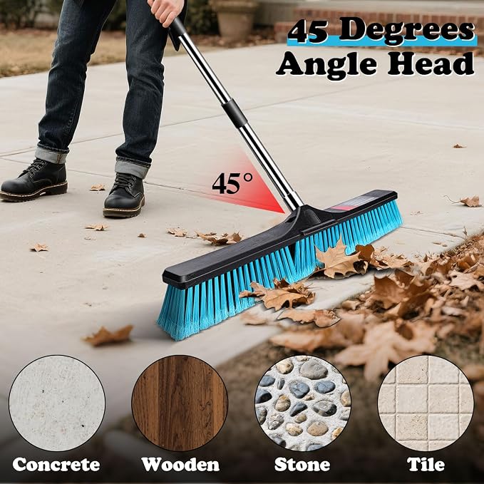 MASTERTOP 24" Heavy Duty Push Broom with Ultra-Sturdy Adjustable Handle, 6-Layer Stiff Bristles Garden Yard Broom, Outdoor Sweeping Brush for Garage, Patio, Driveway, Warehouse, Deck, Tile & Concrete