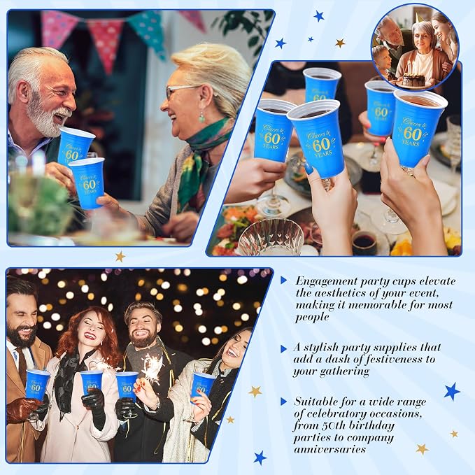 Ziliny 50 Pack 60th Birthday Cups 16 oz Cheers to 60 Years Disposable Plastic Cups Gold and Blue Birthday Party Hot Cold Drinks Tool for Party Wedding Anniversary Supplies Decorations