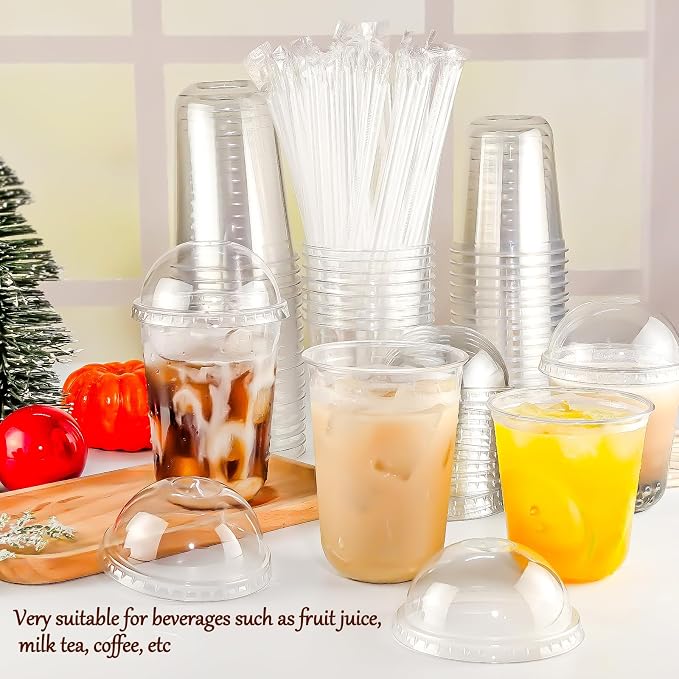 Qsqwsuye 50 Set 12 oz Disposable Clear Plastic Cups with Dome Lids and Straws, Durable Plastic Party Cups for Iced Coffee, Milk Tea, Assorted Beverages, Perfect for Parties, Wedding, Festival Events