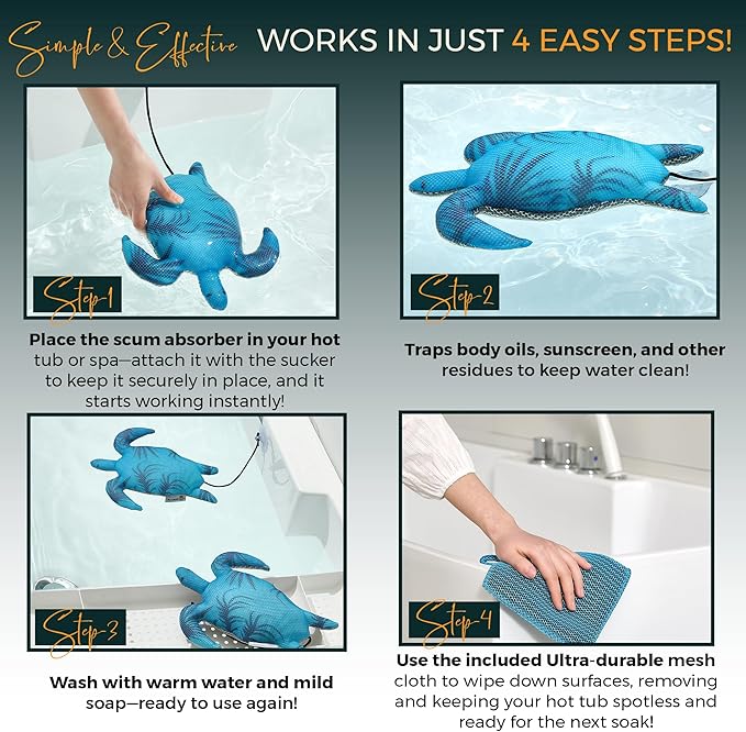 Hot Tub Scum Absorber Turtle, Scum Sponge for Hot Tub & Spa – Floating Hot Tub Scum Sponge Soaks Up Oils, Must Have Hot Tub Accessories, Keeps Spa Water Clean & Clear