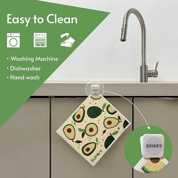 Eulnars Swedish Dishcloths for Kitchen, 8 Pack Reusable Paper Towels with Clips, Non-Scratch Swedish Kitchen Towels, Super Absorbent Cellulose Sponge Cloths, Dishwasher Safe, No Odor