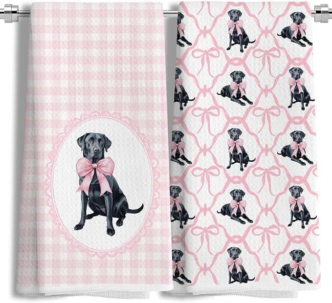 Coquette Pink Bow Black Labrador Retriever Gifts Kitchen Hand Towels for Bathroom，Black Lab Gifts,Coquette Pink Labrador Retriever Dog Girly Bathroom Kitchen Decor,16x24 Inch Set of 2