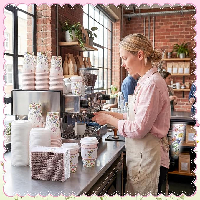 NatNarr 60 Pack Spring Wildflower Coffee Cup with Lids Sleeves, 12oz Insulated To Go Coffee Cups Disposable Butterfly Wildflower Paper Cup for Birthday Garden Wedding Baby Bridal Shower Supplies